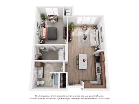Floor plan for 1 bed, 1 bath, 771 sqft